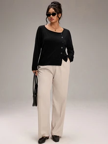 SHEIN BASICS كنزة صوفية نسائية مقاس كبير بلون موحد كاجوال للاستخدام اليومي بأكمام طويلة - الأسود - مشاهدة 6