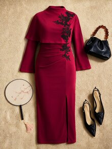 EastFlair Plus Size Women's Elegant 2 Pieces Set With Stand Collar Applique Decorated Shawl And Split Hem Dress - Burgundy - View 1