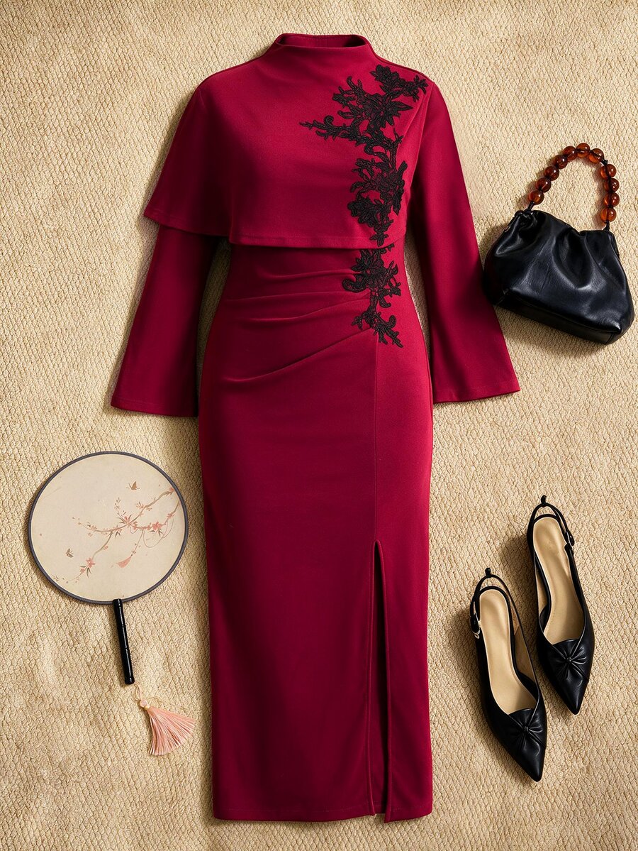 EastFlair Plus Size Women's Elegant 2 Pieces Set With Stand Collar Applique Decorated Shawl And Split Hem Dress - Burgundy - View 1