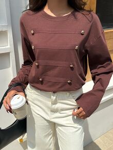Serisse Kaos Wanita Kasual Musim Gugur Lengan Panjang Leher Bulat Bahu Jatuh Napoleon Detail Kancing Logam Panel Kontras Potongan Longgar Warna Cokelat Kopi - Coklat - View 1