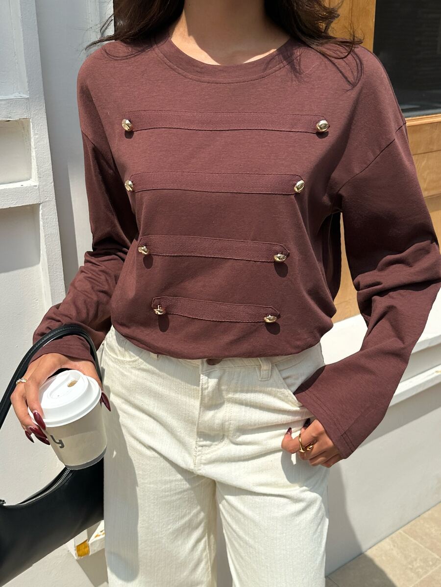 Serisse Kaos Wanita Kasual Musim Gugur Lengan Panjang Leher Bulat Bahu Jatuh Napoleon Detail Kancing Logam Panel Kontras Potongan Longgar Warna Cokelat Kopi - Coklat - View 1