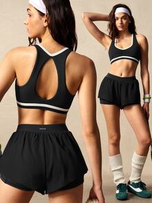 VARSIVA Women's Colorblock Ruched Bra And Double Layer Shorts Sports Set - Black - View 2