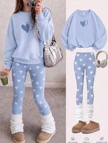 霧藍色甜美女孩愛心圖案印花，青少年女孩休閒舒適圓領長袖運動衫與內搭褲套裝，適合秋冬日常穿著、外出，休閒舒適秋冬穿搭，溫馨季節，甜美女孩風 - 白色 - 查看 6