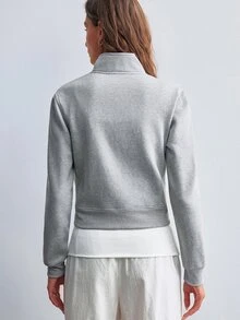 Willow Rêve Women's Light Grey Fitted Zip-Up Sweatshirt,Decorative Buttons,Mock Neck,Long Sleeves,Minimalist Casual Autumn For Daily,Travel,Women's Sweatshirts - Light Grey - View 2