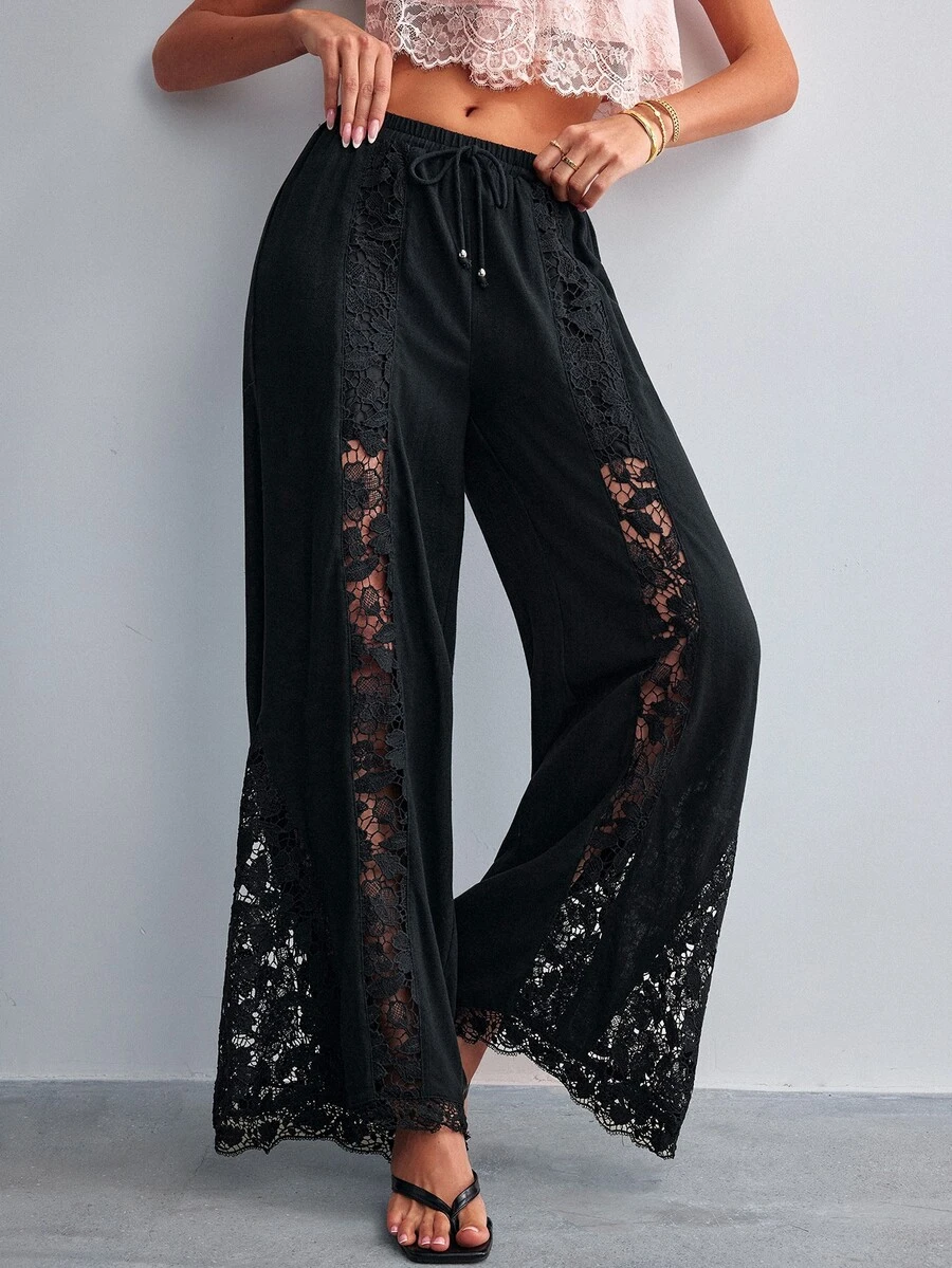 Willow Rêve Women's Black Lace Patchwork Flare Leg Pants - Black - View 1