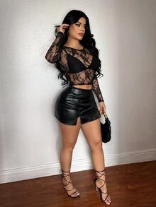 SHEIN SXY 黑色透視圓領長袖性感修身女款上衣 - 黑色 - 查看 5
