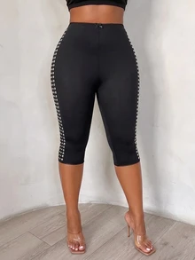 SHEIN SXY 黑色高彈性針織高腰金屬裝飾修身七分緊身褲 - 黑色 - 查看 4