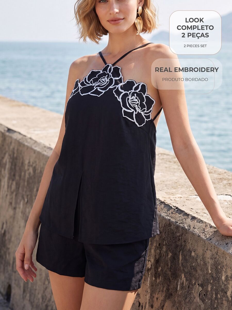 CAJUNI Chic Vacation Chic Elegant Flower Embellishment Top And Shorts Coord - Black - View 1