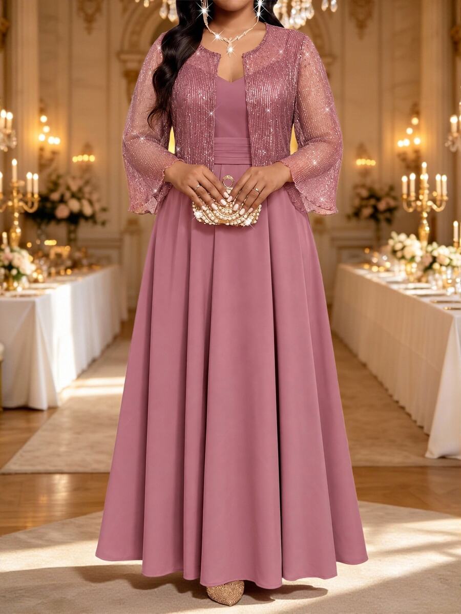 Fleurora Women's Plus Size Minimalist Elegant Party Dress Long Spaghetti Strap Dress And Sequin Sheer Bell Sleeve Cover-Up Two Pieces Set Fall - Dusty Pink - View 1