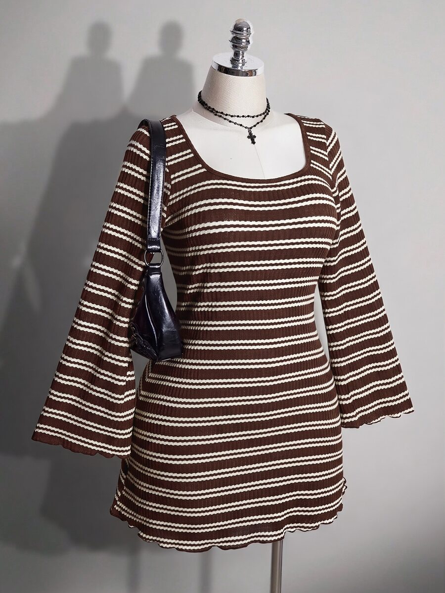 SHEIN ICON 大尺碼彩色條紋露背喇叭袖針織洋裝 - 咖啡棕 - 查看 1
