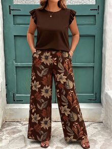 EMERY ROSE Plus Size Women's Casual Vacation Top With Ruffle Flutter Sleeves, Paired With All-Over Floral Print Wide Leg Pants - Brown - View 4