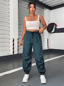 POPSWAY Plus Size Women's Drawstring Waist Ruched Cuffed Casual Cargo Pants - Teal Blue - View 5