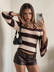 SHEIN ICON Women's Striped Halterneck Halter Neck Bell Sleeve Fashion Sweater - Brown - View 4