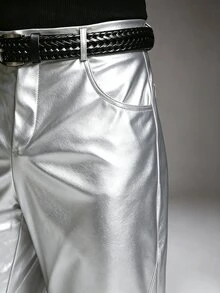 STYNVO Men's PU Leather Patchwork Fashion Long Pants - Silver - View 6