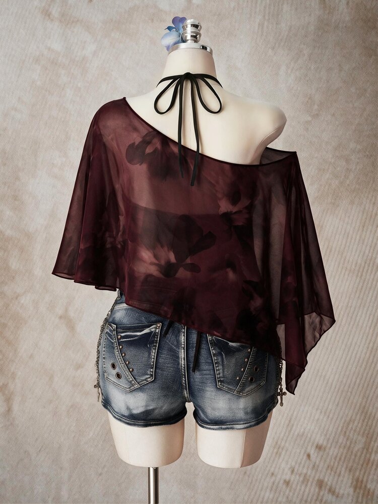 SHEIN ICON Plus Size Women's Floral Print One Shoulder Asymmetrical Hem Fashion Top - Burgundy - View 2