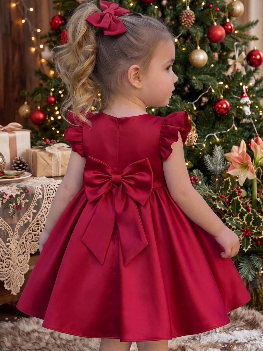 SHEIN Baby Girl Solid Color Round Neck Short Flutter Sleeve Back Bow Decor Cute Dress - Red - View 1