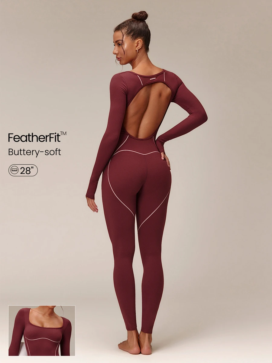GLOWMODE 28" FeatherFit™ Keep Glowing Color-Blocked Contour Bodysuit With Cutout Back & Thumbholes Yoga Pilates Studio Daily Active Wear - Burgundy - View 1