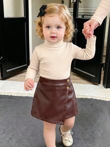 SHEIN Baby Girl Solid Color High Neck Long Sleeve T-Shirt And PU Leather Asymmetric Hem Skort Fashion Set - Brown - View 1