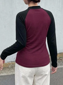 Dazy Plus Contrast Color Patchwork Fitted Street Casual Short Long Sleeve Spring Autumn T-Shirt - Burgundy - View 2