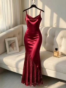 Franclia Women's Elegant Glossy Satin Knit Elastic Fabric Commuter Inner Wear Party Gathering Spaghetti Strap A-Line Dress - Burgundy - View 1
