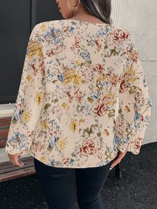 SHEIN LUNE 大尺碼四季百搭印花優雅休閒圓領小V領簡約女款長袖上衣 米色 適合辦公通勤 - 彩色 - 查看 2