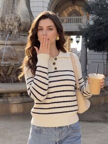 Vintamour Cream White & Black Ribbed Ribbed Polo Collar Knit Sweater, Loose Fit Long Sleeve For Women - Black and White - View 1