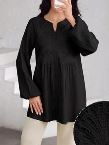 Graceveil Women's Lace Patchwork Textured Lantern Sleeve Blouse - Black - View 3