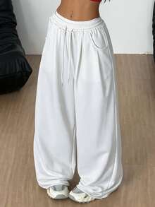 Coolane Plus Size Casual Drawstring Waist Pocket Loose Pants - White - View 1
