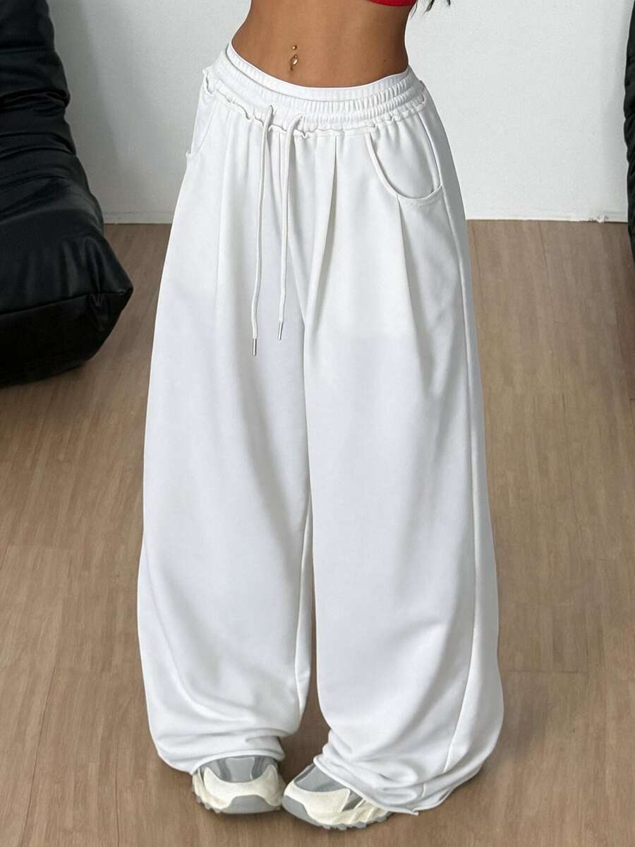 Coolane Plus Size Casual Drawstring Waist Pocket Loose Pants - White - View 1