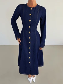 Siren Gaze Gaun Denim Elegan Wanita Lengan Panjang Leher Bulat dengan Kancing Logam Tunggal - Biru - View 6