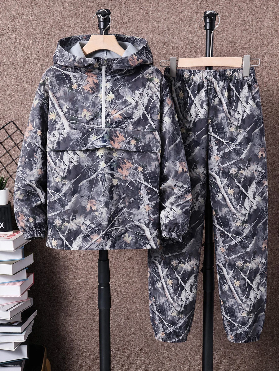 SHEIN 2件組青少年男孩半拉鍊連帽外套與慢跑長褲,黑色,夏季,街頭休閒圖案街頭時尚,加厚抓絨運動套裝,旅行 - 彩色 - 查看 1