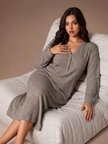 Lazeform Plus Size Women Brown V-Neck Half-Button Front Dropped Shoulder Soft Comfortable Rice Fleece Knit Fabric Casual Daily Home Wear Long Sleeve Nightgown - Brown - View 2