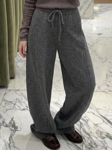 Livesso Women's Solid Color Drawstring Elastic Waist Fashion Knit Straight Leg Pants - Dark Grey - View 5