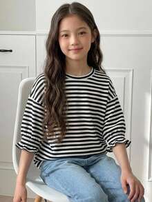 DAZY (Tween Girl) 杏色針織條紋短袖圓領秋季燈籠袖寬鬆T恤 - 黑與白 - 查看 4