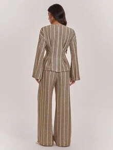 SHEIN Tall Women's Modest-Style Khaki Striped Long-Sleeve Top And Trousers Two Pieces Set - Khaki - View 2