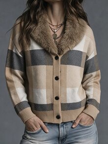 SHEIN Women's Plush Patchwork Plaid Casual Daily Cardigan - Multicolor - View 3