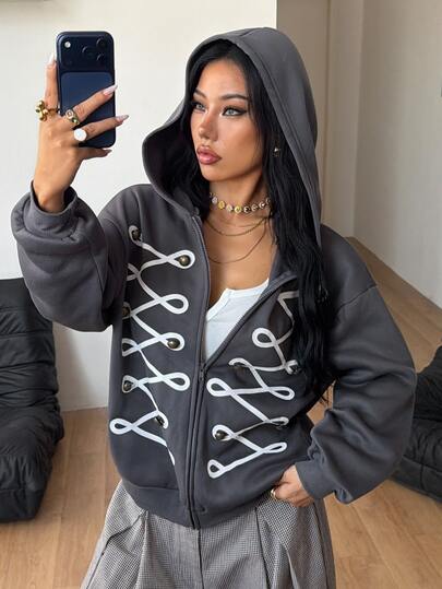 Coolane Women's Fall/Winter Casual Streetwear Chic Vintage Graphics Daily Wear Preppy Party Grey Loose Zip Up Warm Hoodies Autumn Clothes
