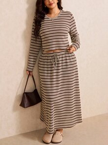 Elaquor Plus Size Minimalist Striped Colorblock Long Sleeve Top And Drawstring Waist Long Skirt 2 Pieces Set - Multicolor - View 6