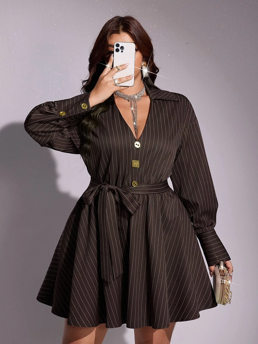 Viva Relle Plus-Size Women's Striped Shirt-Style Metal Button Decor A-Line Dress Fall - Coffee Brown - View 1
