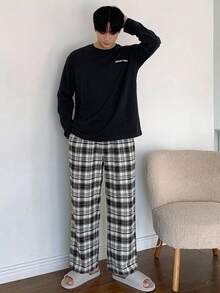 DAZY Spring/Autumn Letter Print T-Shirt & Plaid Pants Men's Loungewear Set - Black - View 3