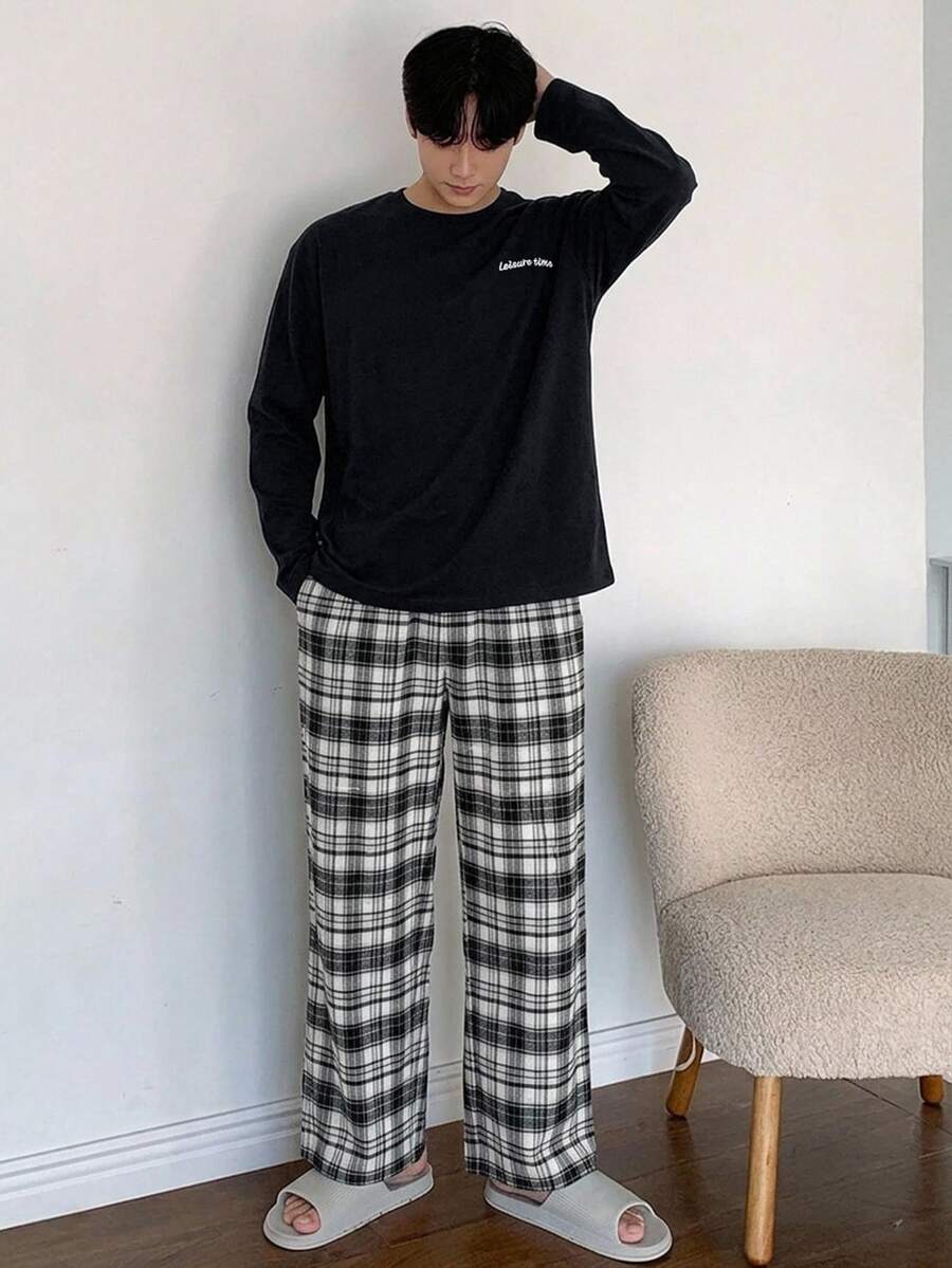 DAZY Spring/Autumn Letter Print T-Shirt & Plaid Pants Men's Loungewear Set - Black - View 1