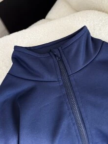 SHEIN 青少年女孩套裝，小高領長袖寬鬆衛衣搭配休閒寬腿運動褲，運動束口褲，校園度假風，海軍藍，秋季 - 藏蓝色 - 查看 5