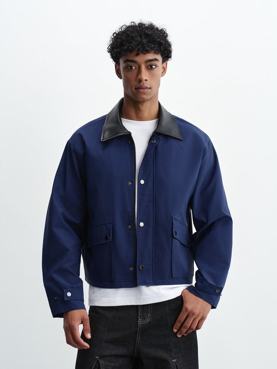 TOKVUE Men's Short Patchwork Navy Blue Jacket, Autumn - Navy Blue - View 1