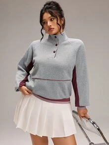 EMERY ROSE Plus Size Women's Colorblock Raglan Long Sleeve Button Half-Placket Casual Sweatshirt - Grey - View 8