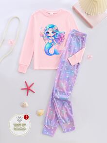 Tween女孩/女孩修身休閒家居服可愛螢光卡通動物印花修身睡衣套裝（2件組），包含長袖圓領上衣與長褲，柔軟舒適居家服，適合8-12歲兒童 - 彩色 - 查看 4