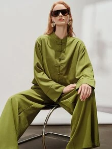 Aveloria Modichic New Chinese Style Frog Button Minimalist Elegant Relaxed Long Sleeve Wide Leg Pants 2 Pieces Set - Olive Green - View 1