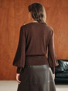 Anewsta Autumn 2 In 1 Knit Cardigan Top - Coffee Brown - View 2