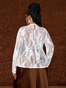 Maweii Sexy Style Hollow Lace Long Sleeve Satin Big Bow Strapless Layered Top T-Shirt - White - View 2