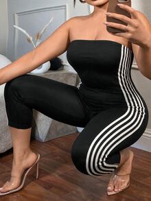 SHEIN SXY Black Strapless Colorblock Striped Decor 7/10 Length Fitted Jumpsuit - Black - View 5