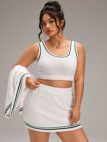 EMERY ROSE Plus Size Contrast Color Wide Strap Tank Top & Bodycon Mini Skirt & Knit Cardigan, Suitable For Sports Wear - White - View 8